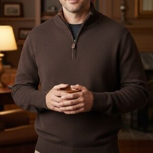 Jos A Bank Large $198 Brown Lambswool Blend Classic Quarter‎ Zip Sweater NWOT